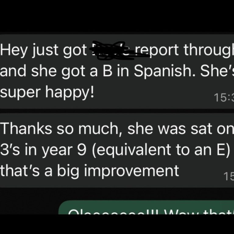 Parent feedback screenshot showing grade improvement